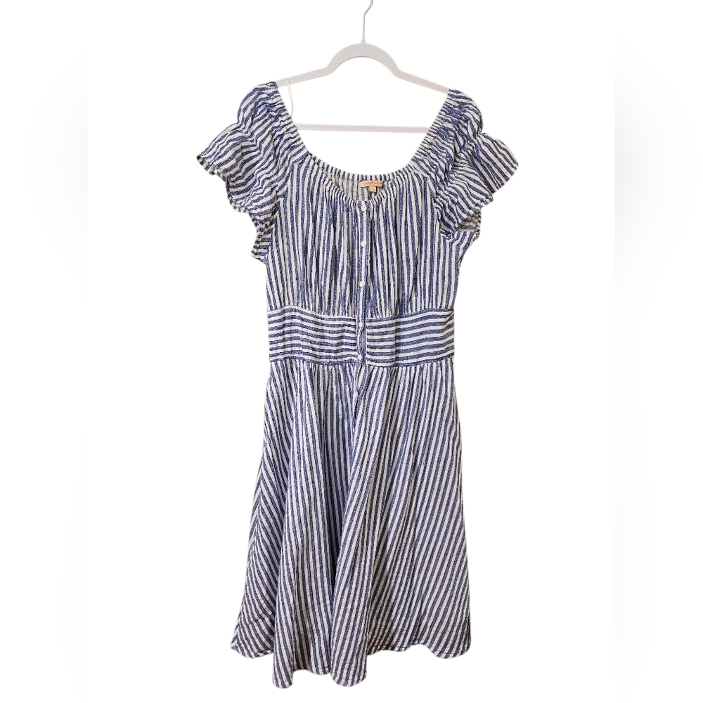 Striped Blue and White Summer Dress Off Shoulders Size Large